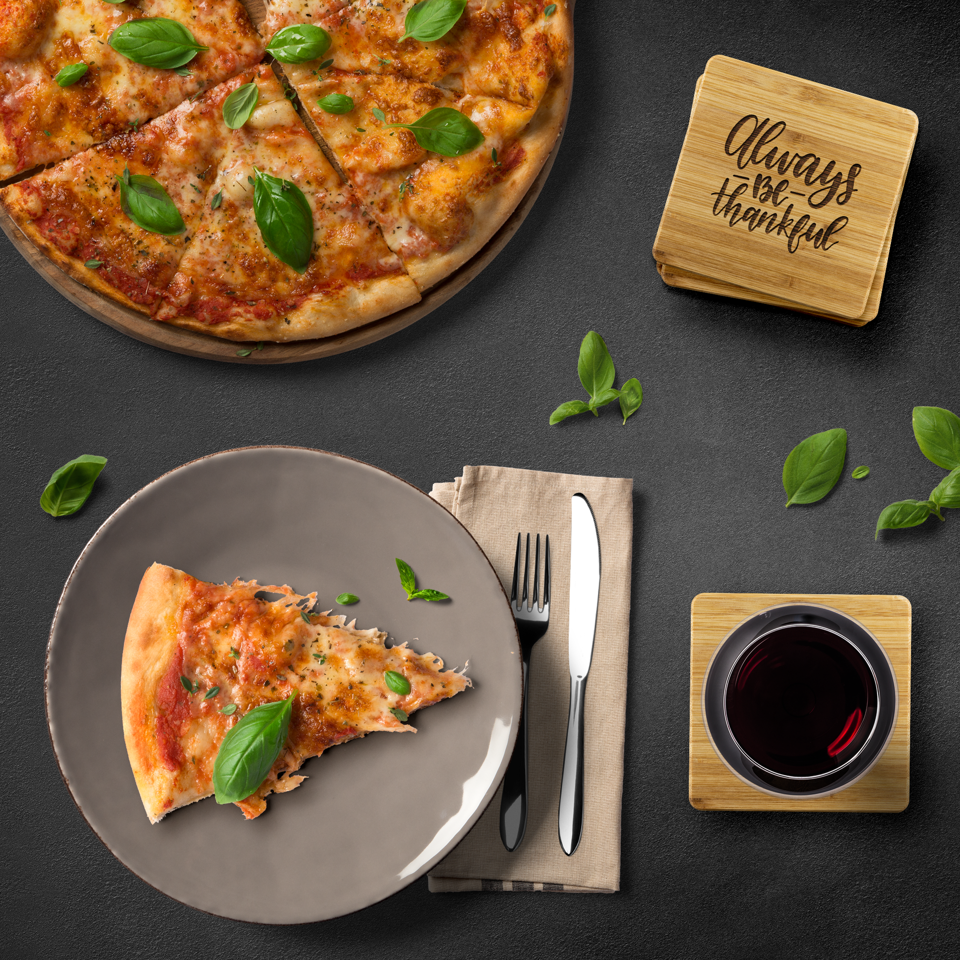 Always Be Thankful - Bamboo Coasters with pizza