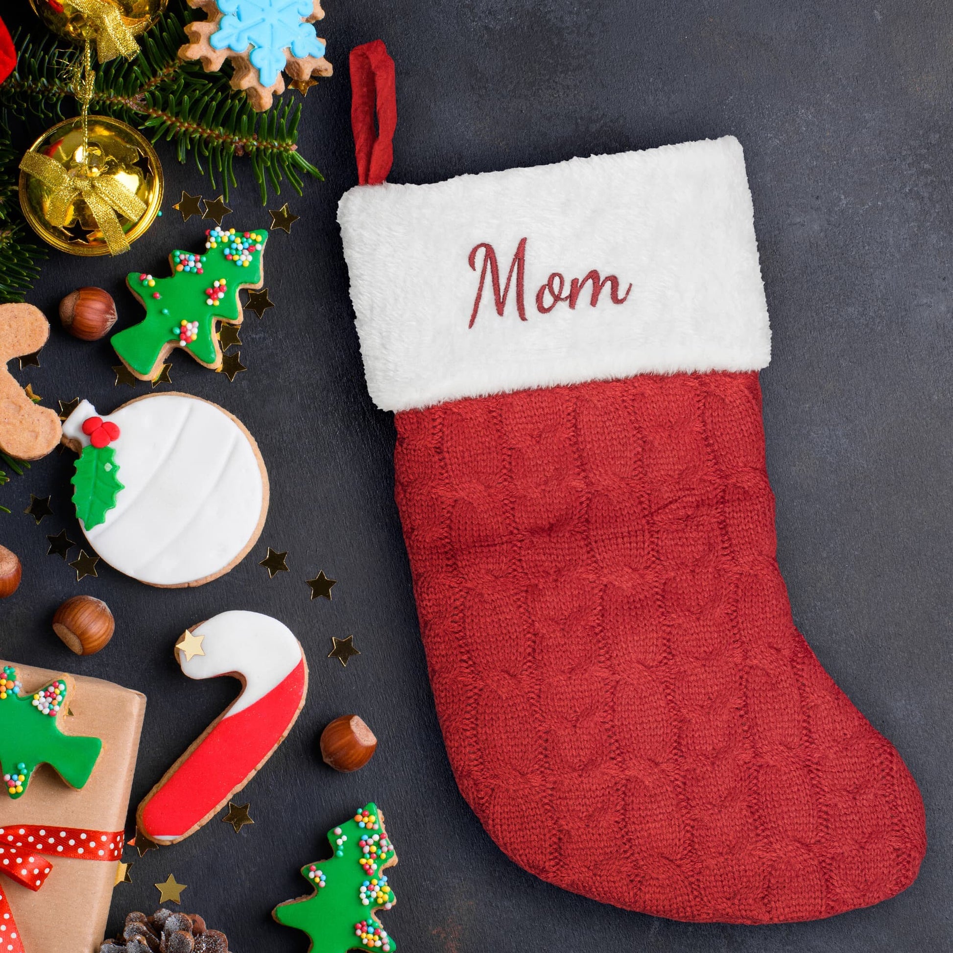 Custom Embroidered Christmas Stocking red with cookies