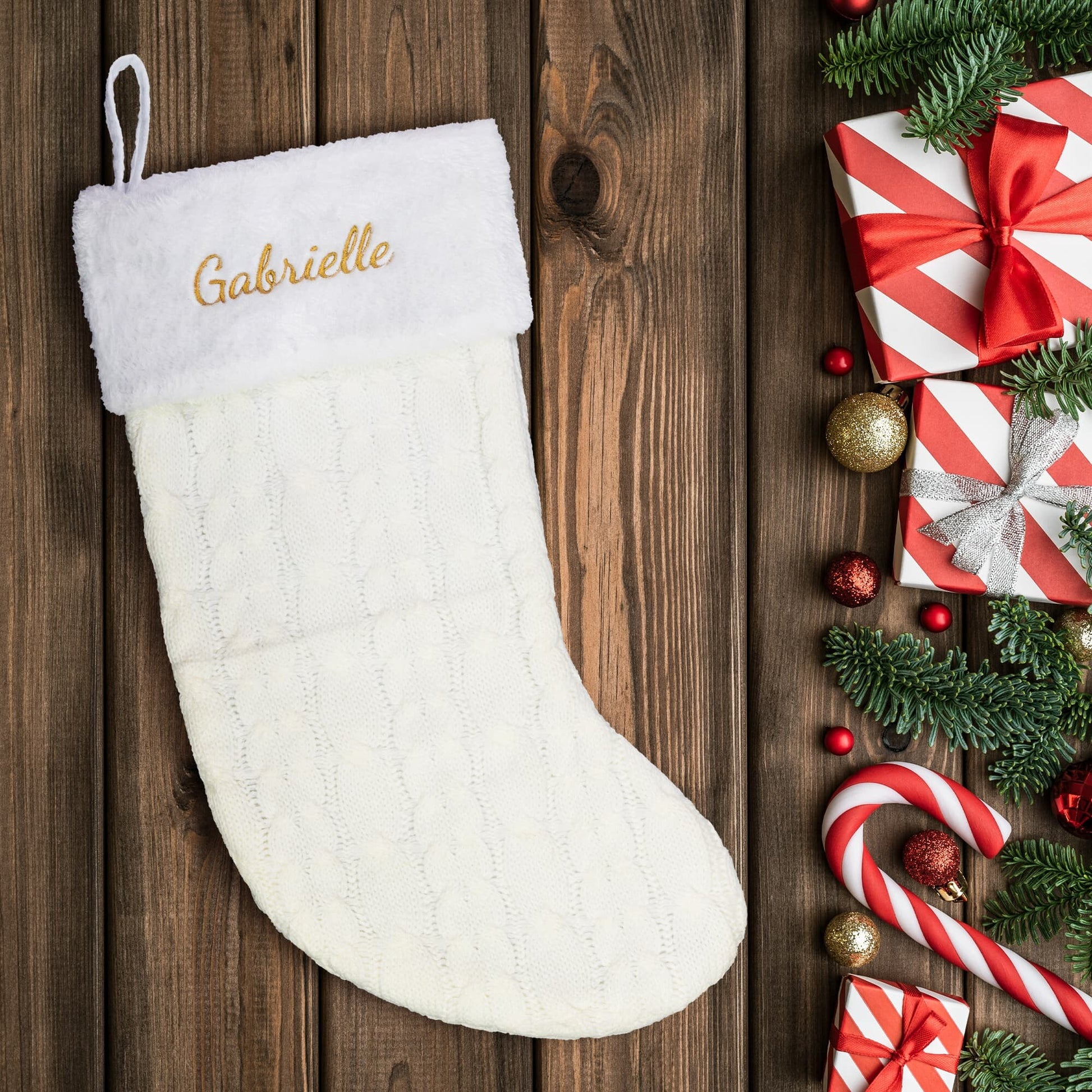 Custom Embroidered Christmas Stocking cream with presents