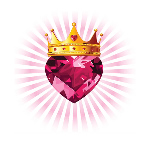 A red ruby shaped in a heart with a large crown and light rays surrounding it
