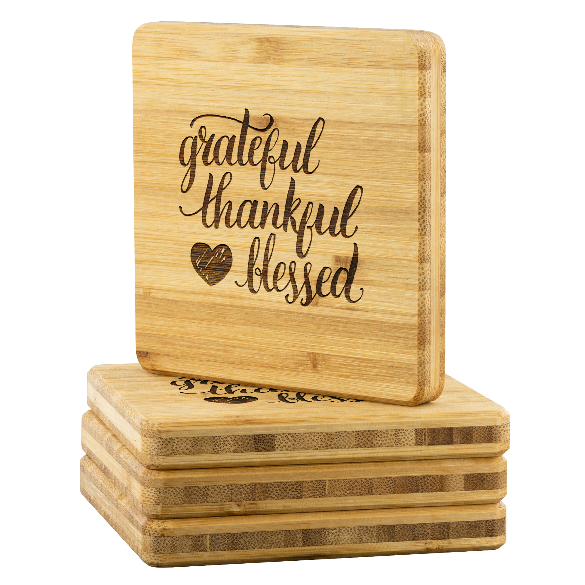 Grateful - Thankful - Blessed - Bamboo Coasters stack