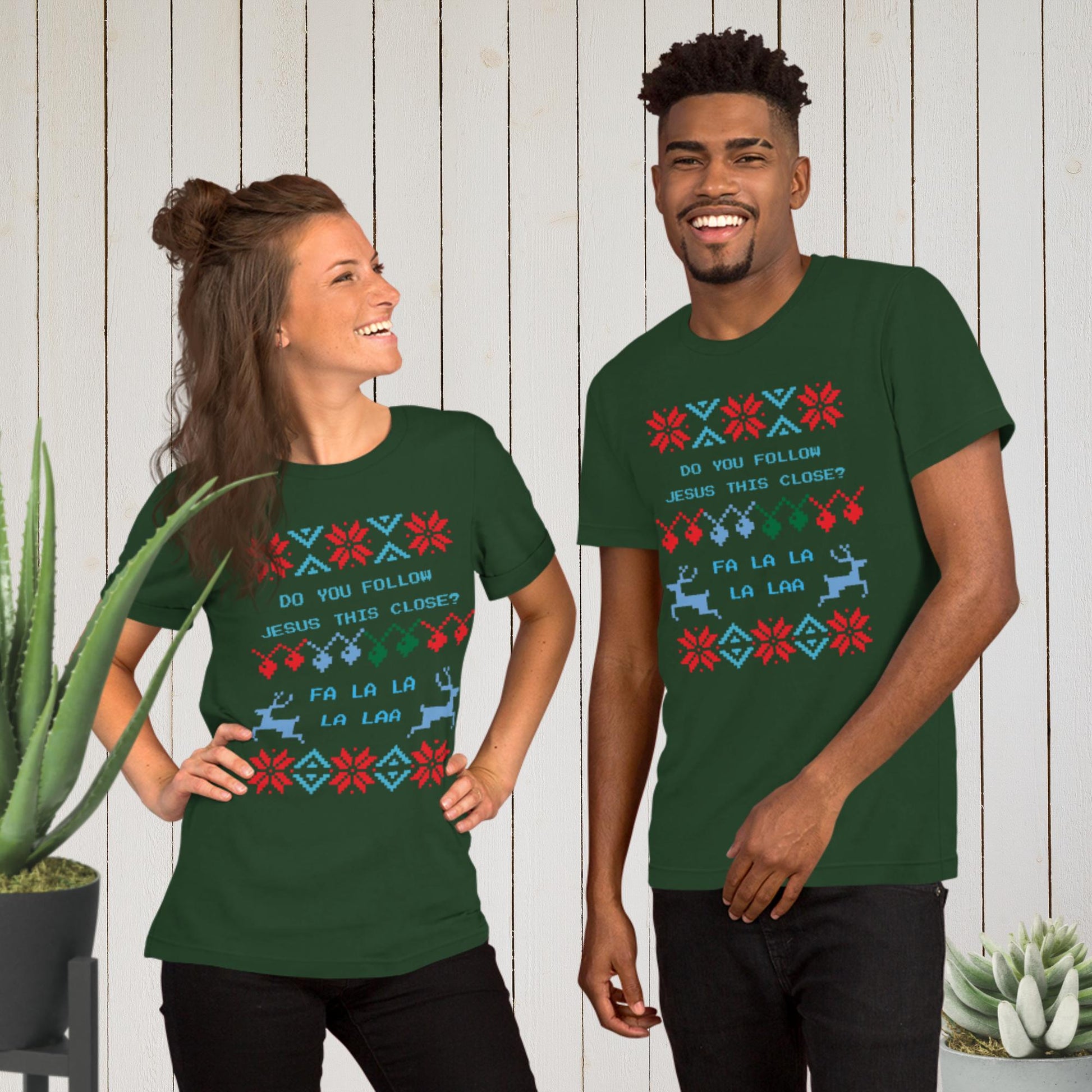 Do You Follow Jesus This Close Ugly Christmas Sweater T-shirt forest