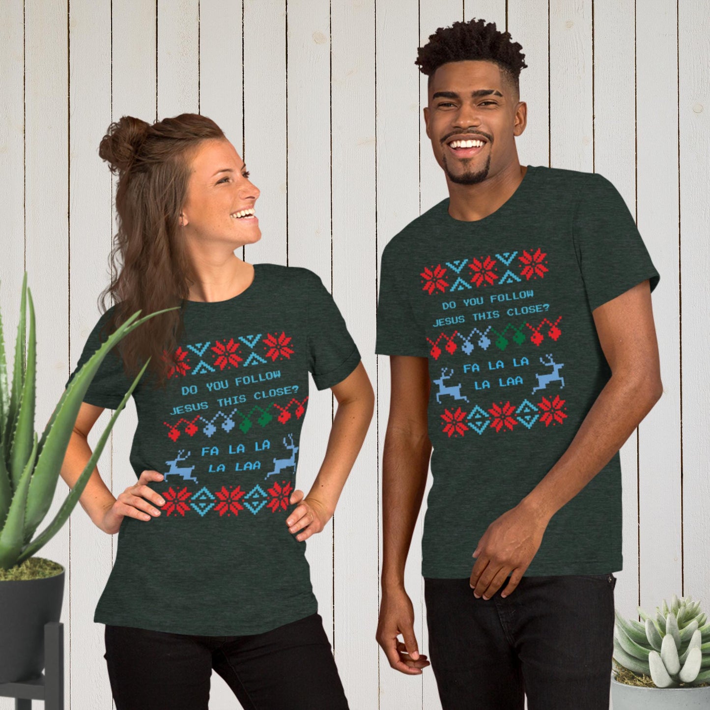 Do You Follow Jesus This Close Ugly Christmas Sweater T-shirt heather forest