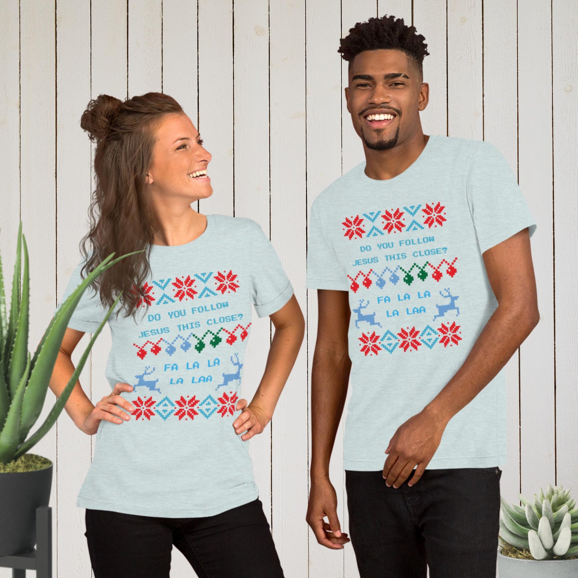 Do You Follow Jesus This Close Ugly Christmas Sweater T-shirt heather prism ice blue
