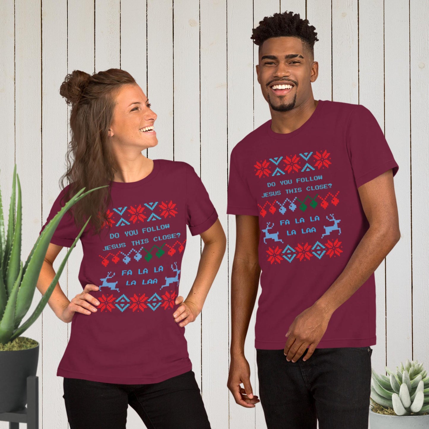 Do You Follow Jesus This Close Ugly Christmas Sweater T-shirt maroon