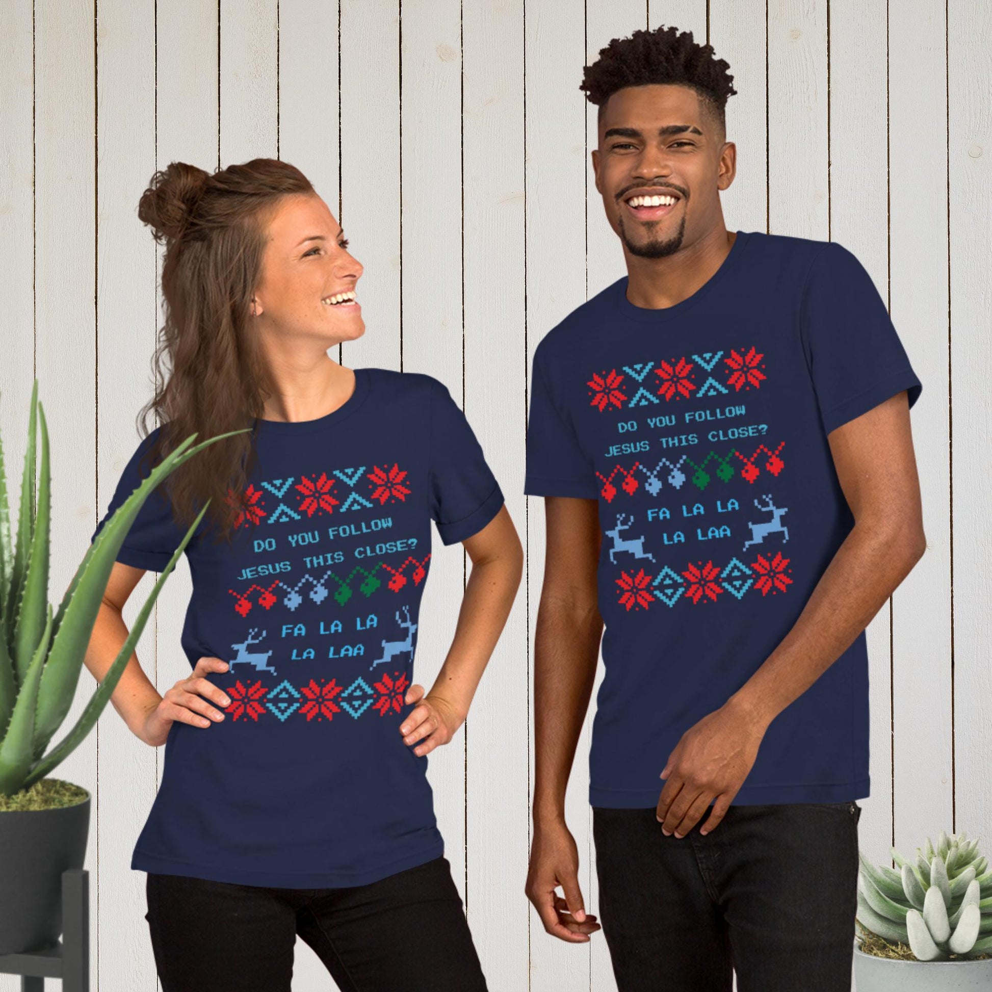 Do You Follow Jesus This Close Ugly Christmas Sweater T-shirt navy