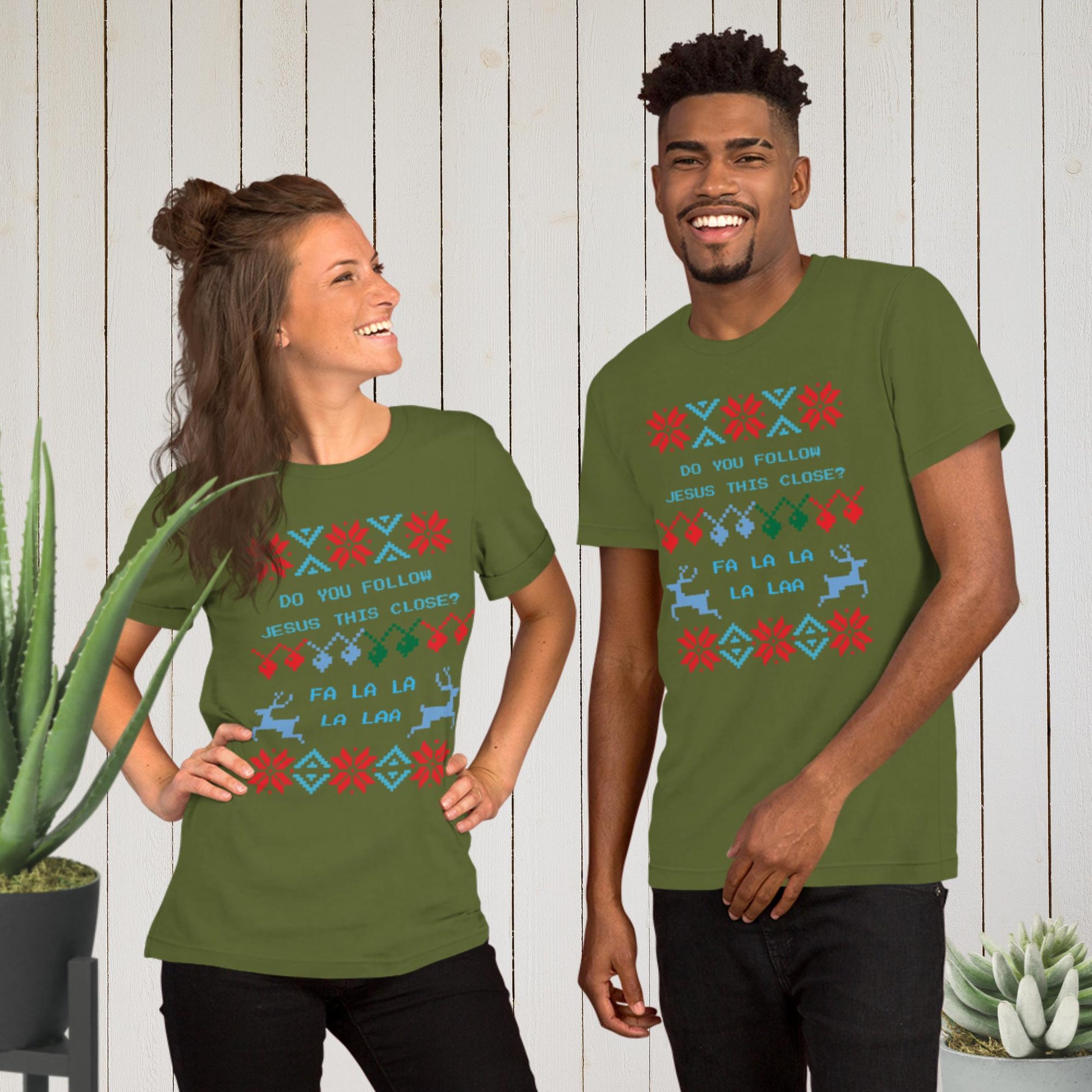 Do You Follow Jesus This Close Ugly Christmas Sweater T-shirt olive