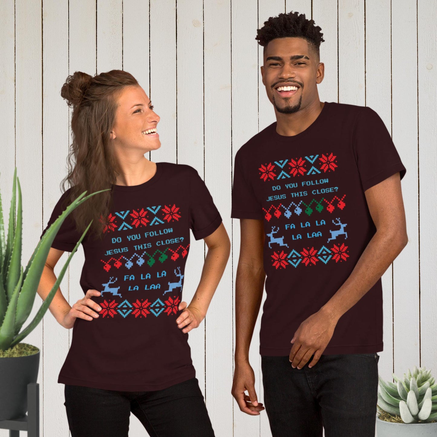 Do You Follow Jesus This Close Ugly Christmas Sweater T-shirt oxblood black