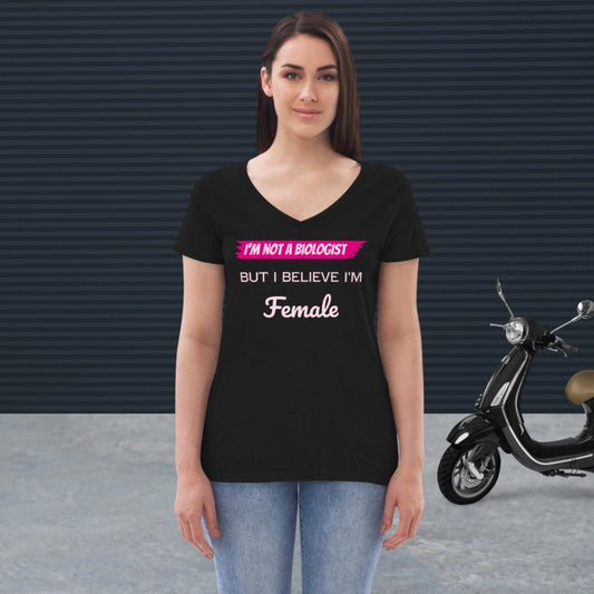 I'm not a Biologist but I believe I'm female pink flag women's v-neck t-shirt